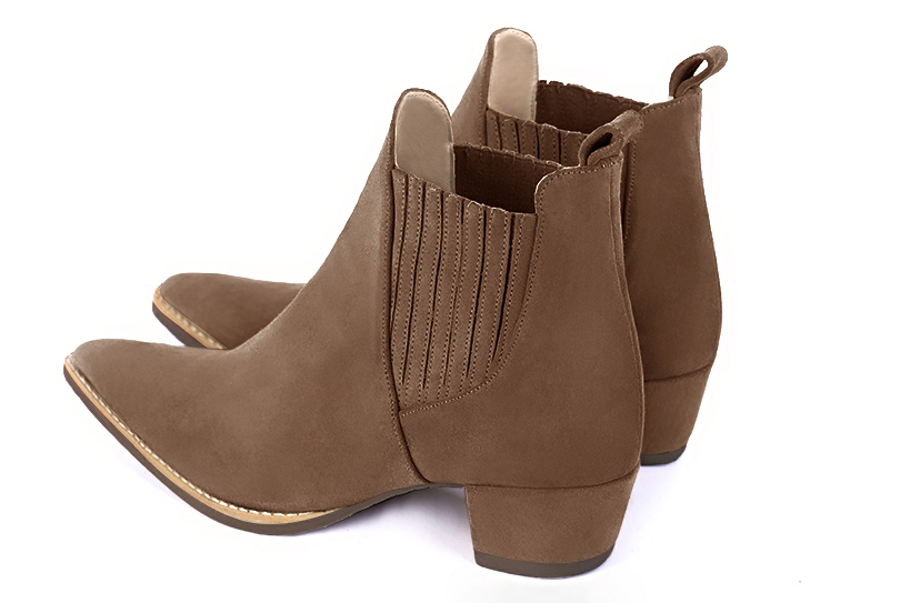 Chocolate brown women's ankle boots, with elastics. Tapered toe. Low cone heels. Rear view - Florence KOOIJMAN